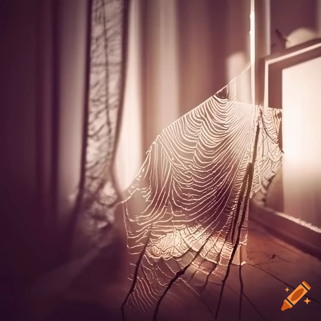 Striking contrast between sunlit outdoor scene and dimly lit interior with spider webs