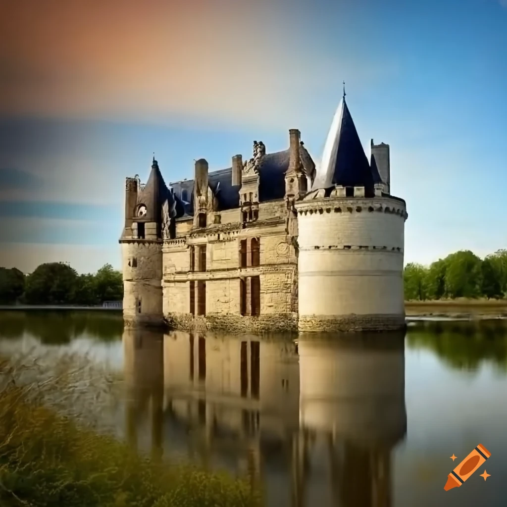 Chateau de la Loire with two conical slate roofs surrounded by moats