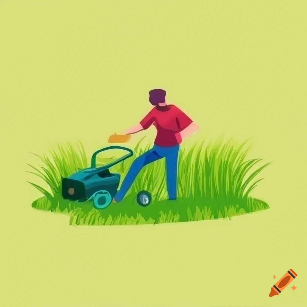 Flat design illustration of a man struggling with a lawn mower