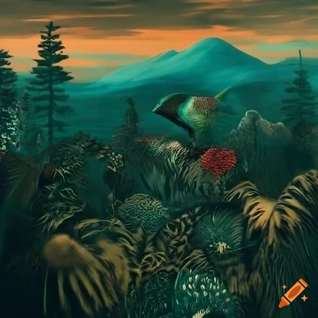 Exotic flora and fauna with Salish animal motifs in fine art illustration