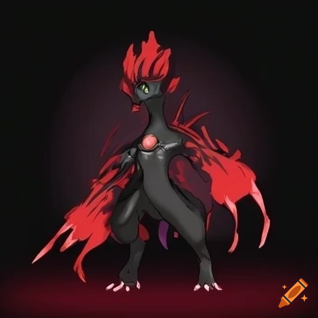 Cybernetic Pokemon with black carbon skin and red feathers
