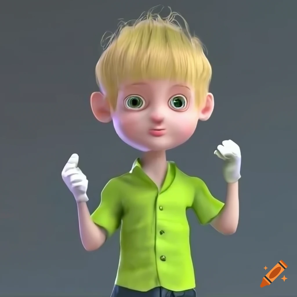 3D cartoon character with dirty-blonde hair in a ponytail and unique outfit