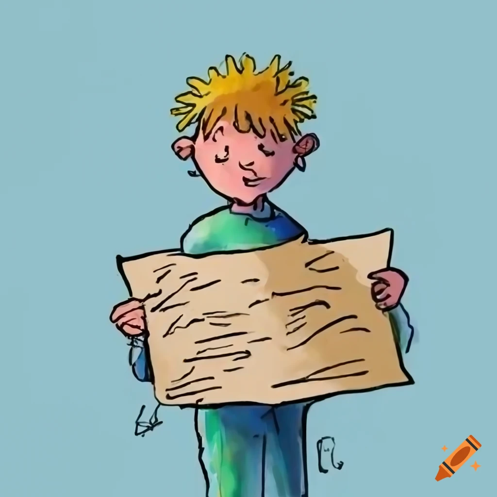 Frustrated child holding a big exam paper in Quentin Blake style