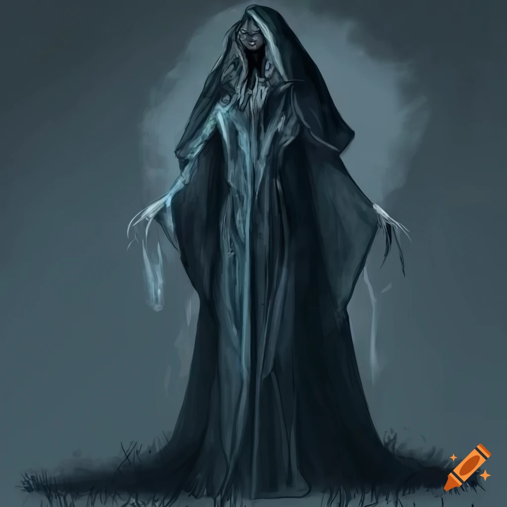 Phantasmagorical blue-grey-dark elven in long grey-white robe with forest background