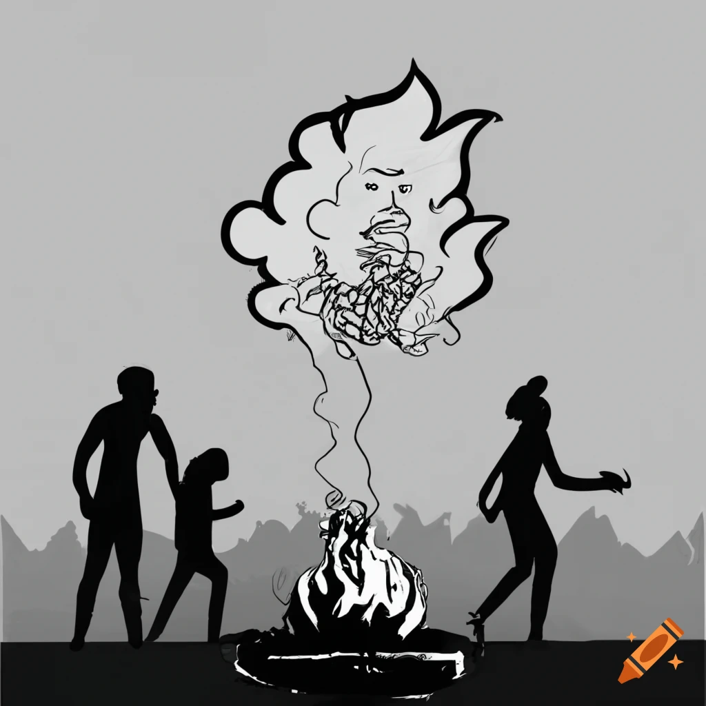 Three people enjoying near a campfire in black and white line art