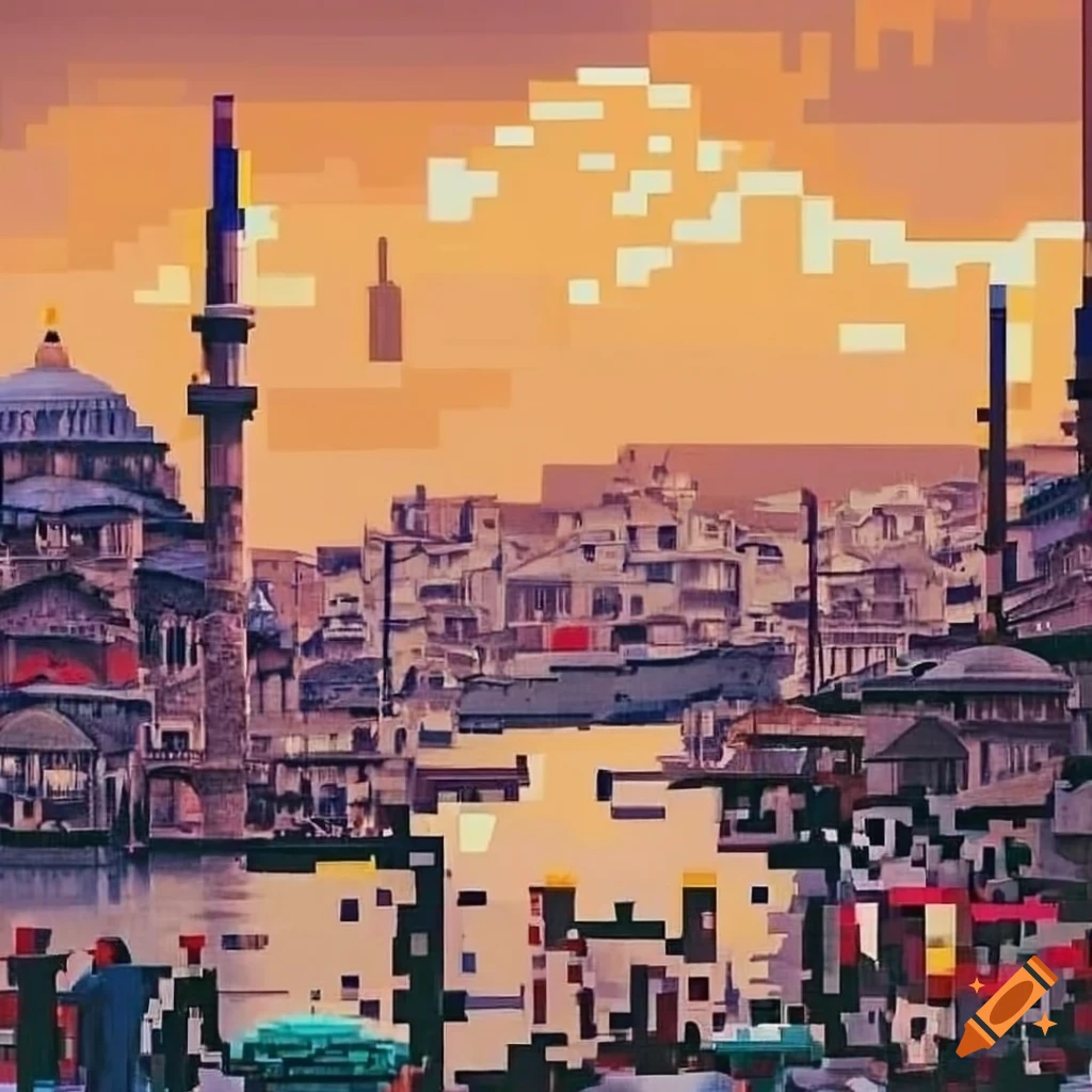 Istanbul Pixel Pixel art depiction of a crowded street in Istanbul at morning with a ...