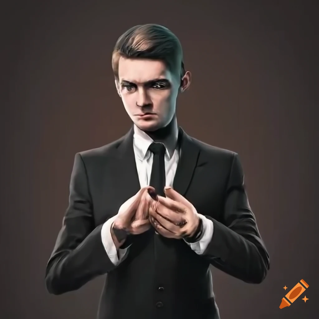 Man in a black suit making a hand gesture in a Renaissance painting