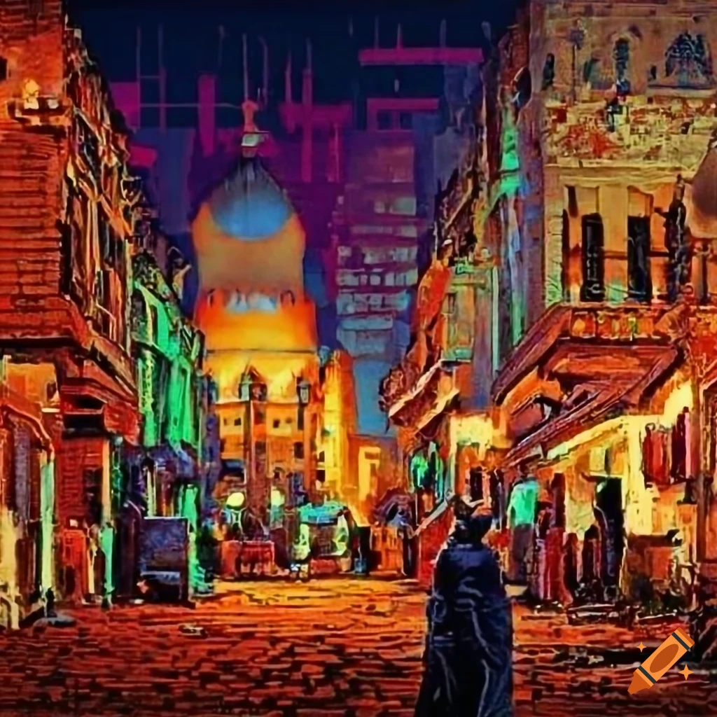 Pixel art of a crowded Cairo street at night in a vintage postcard style
