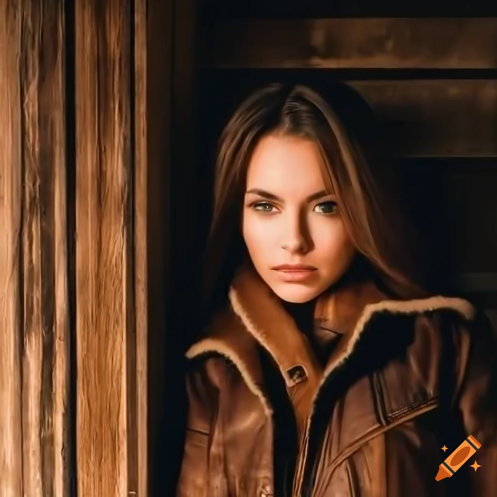 High-angle view of a young woman in a sheepskin bomber jacket and leather trousers standing in a barn doorway