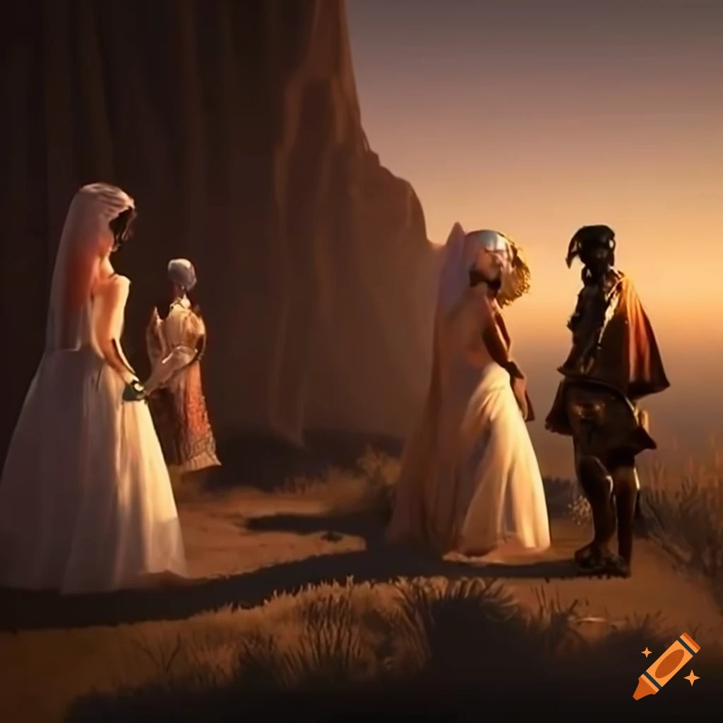 Wedding ceremony on an isolated hill with guests and tribal elders present