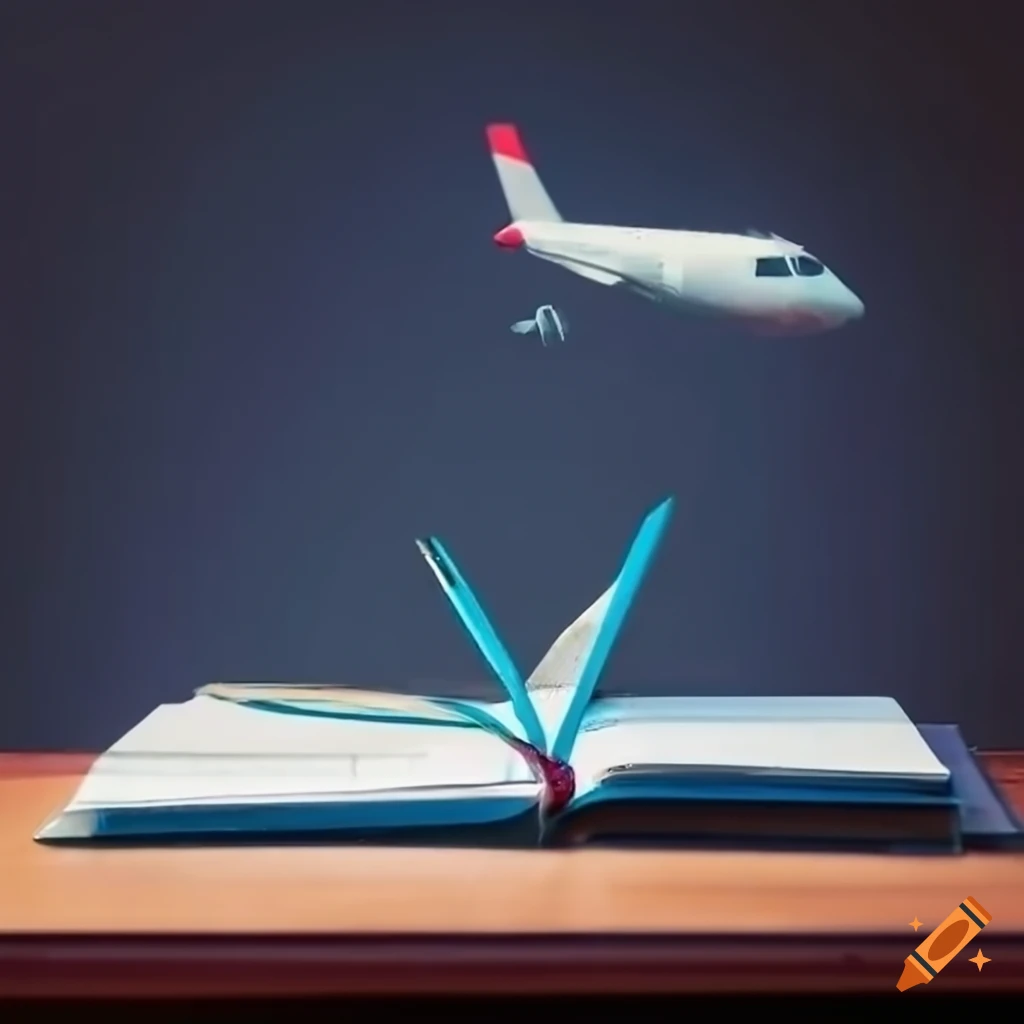 Notebooks and pens on a table with a flying airplane in clouds above