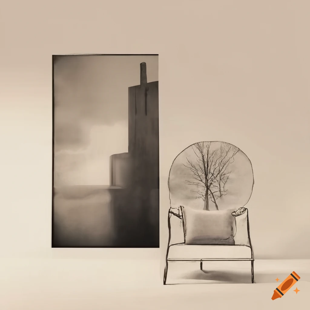 Retro 1950s surrealistic art with rooms, windows, and strange forms in black-white-grey sepia tones