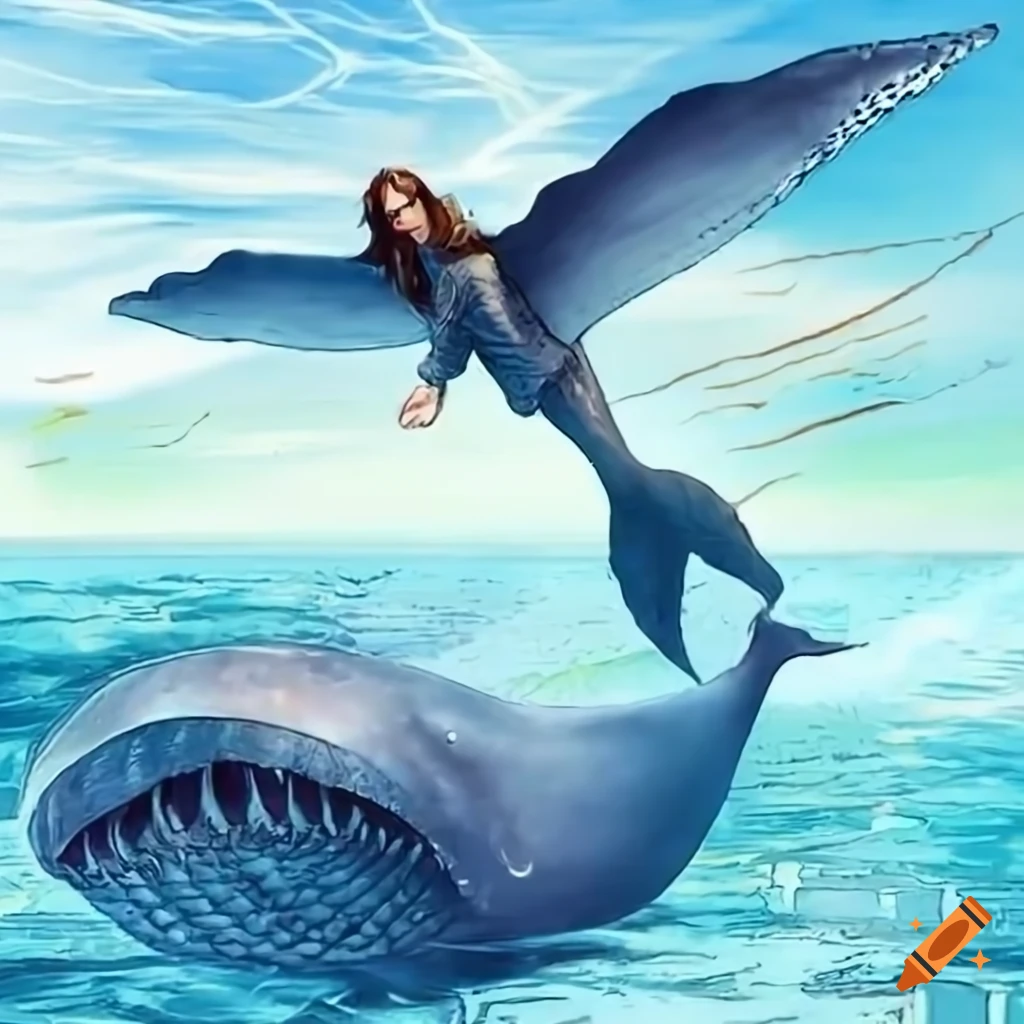 Jesus riding on top of a whale in a realistic HD depiction