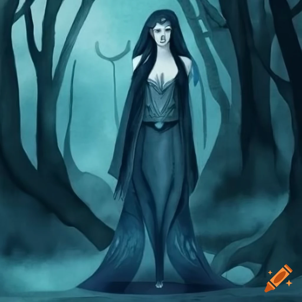 Phantasmagorical blue-grey-dark elven in long grey-white robe with forest background