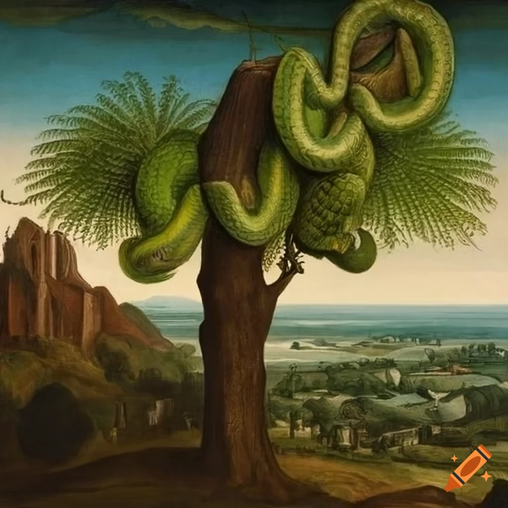 Green tree python draped around a tree branch in a landscape painting ...