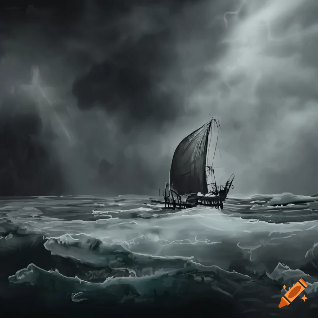 Illustration of haunted island with ghostly viking ship remains in a stormy ocean