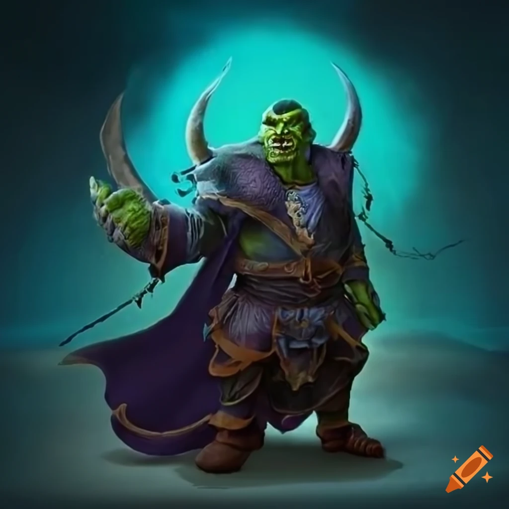 Orc in wizard robe riding a flying manta ray