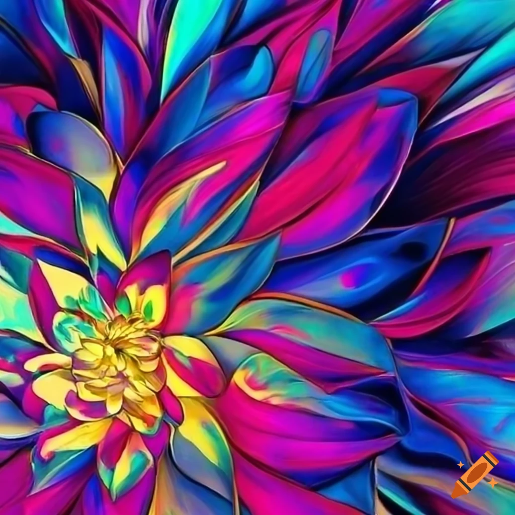 Magenta and blue abstract art with golden dahlia accent