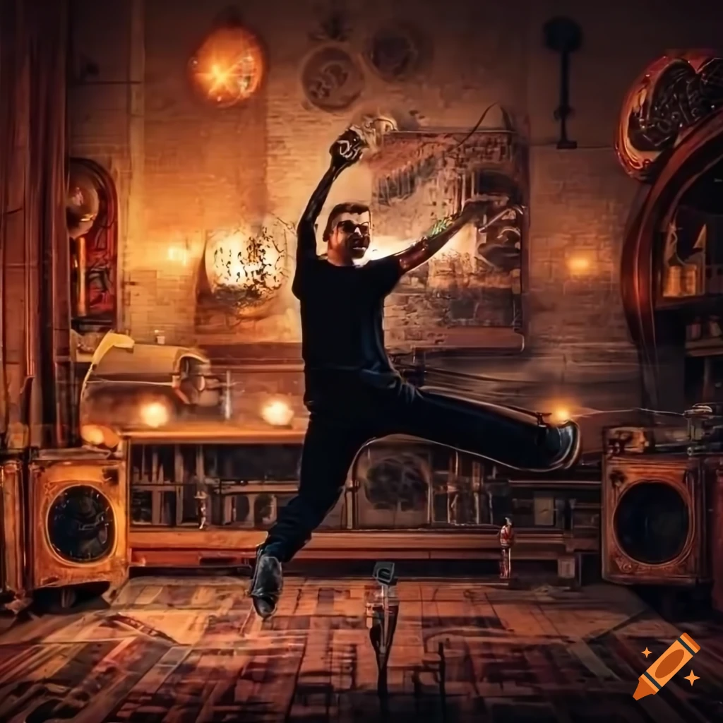 Young man joyful in front of a glowing steampunk radio in a dystopian setting