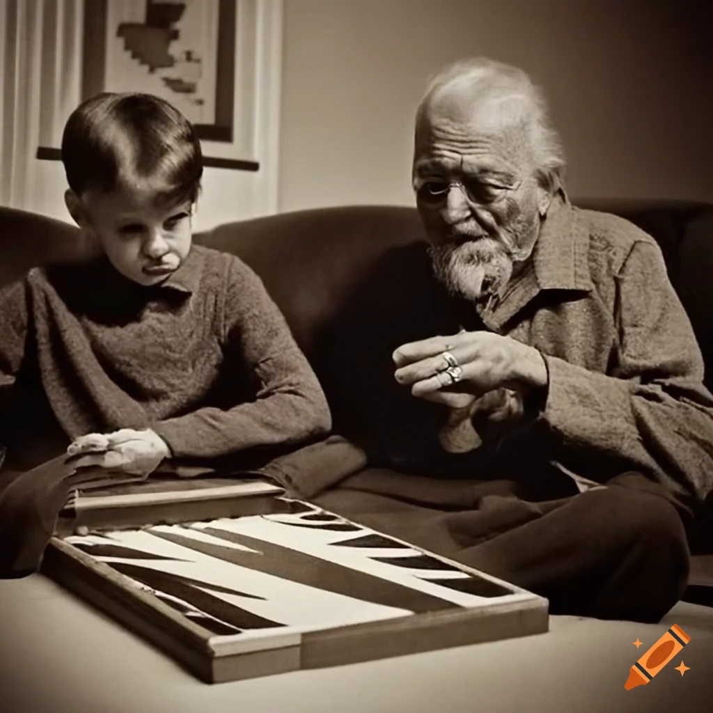 Emotional bonding moment between a grandfather and grandson playing backgammon in a vintage living room
