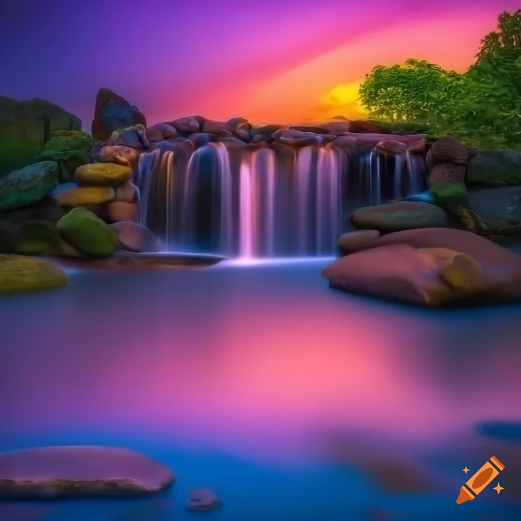 Zen garden waterfall at sunset in 8k HDR