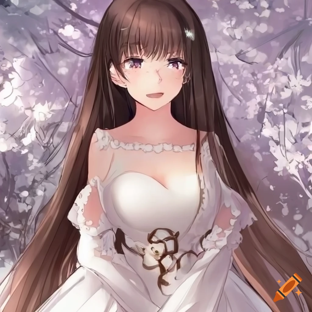 Anime girl in traditional wedding dress with long brown hair and gray eyes