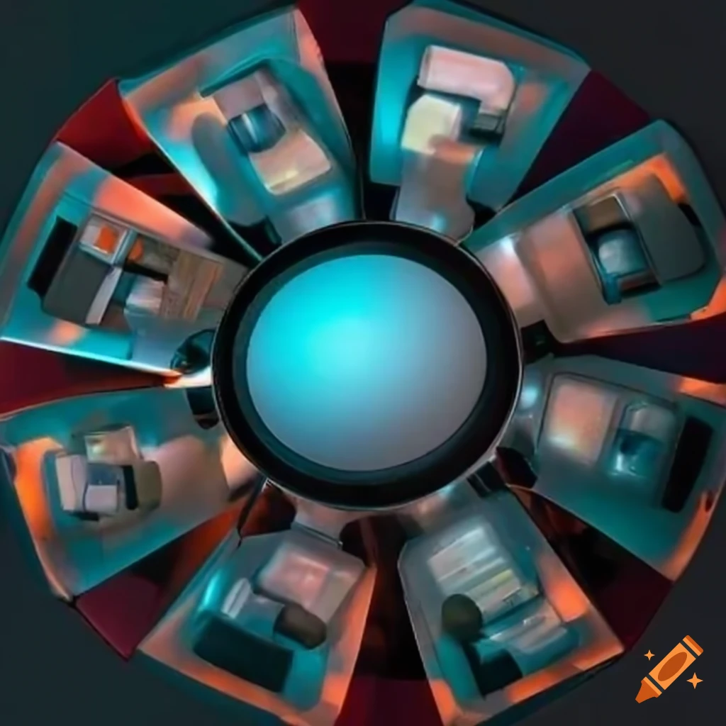 Circle of nine CRT TVs on pedestals
