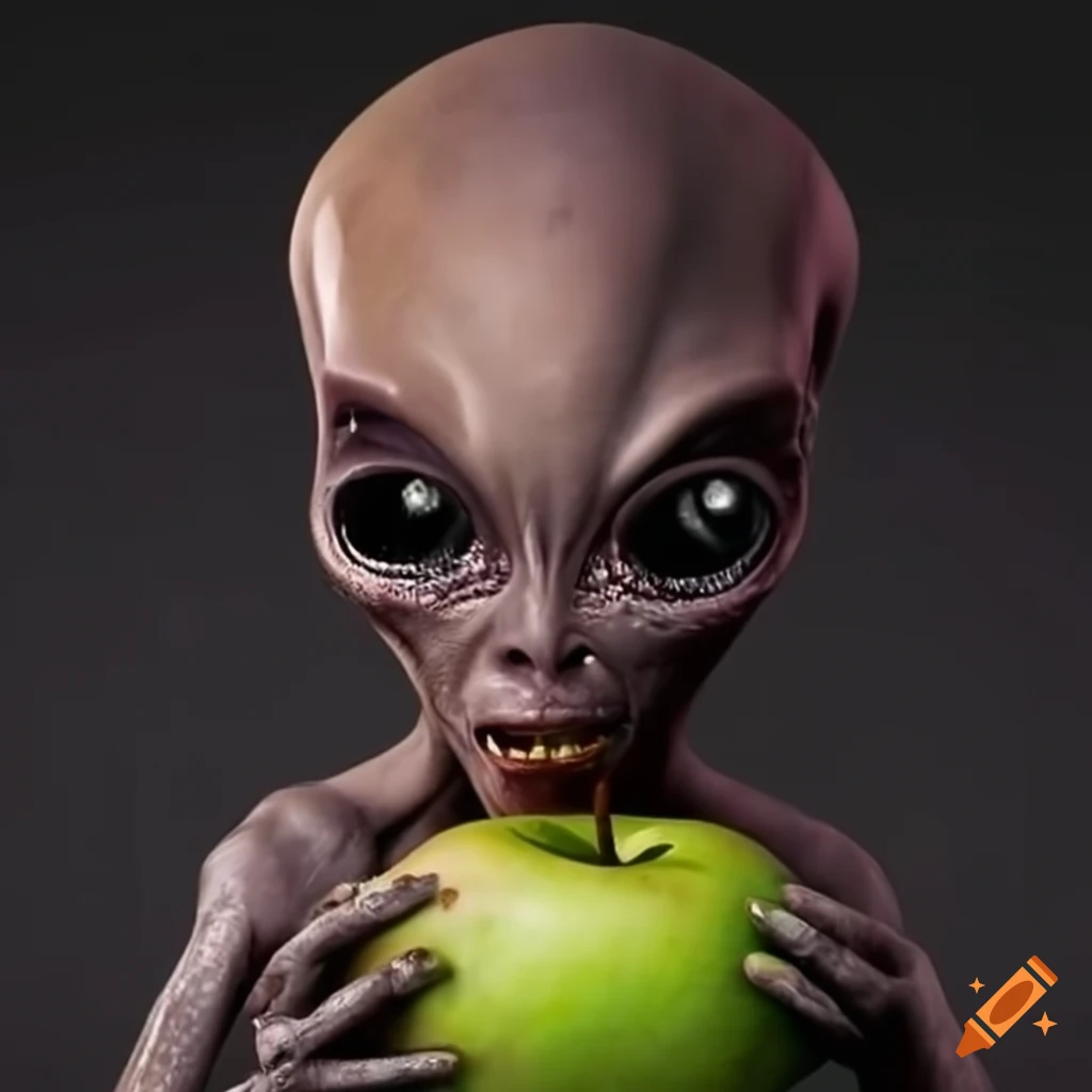 Alien demonstrating apple-eating process