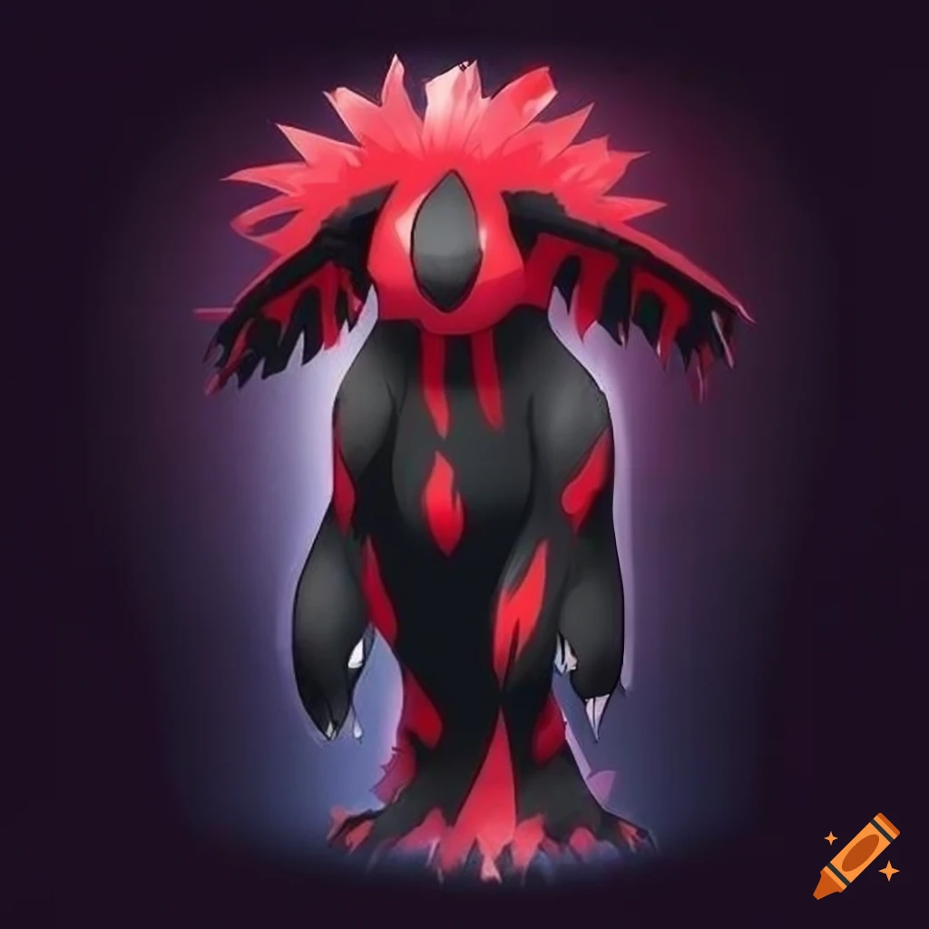 Cybernetic Pokemon with black carbon skin and red feathers