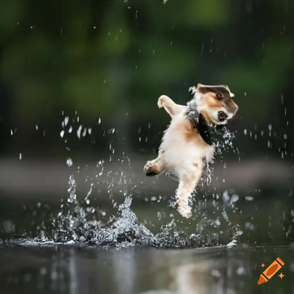 Playful puppy jumping and splashing in a rain puddle