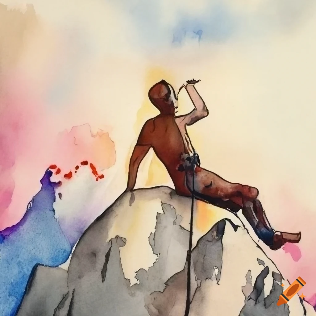 Handsome man climbing a high mountain in a graphic watercolor style
