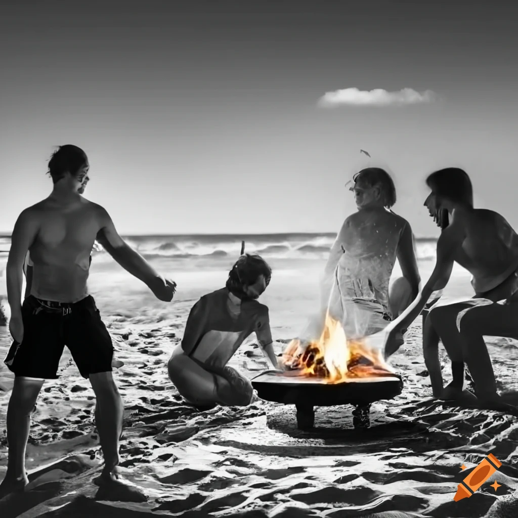 People partying near a campfire at the beach in line art style
