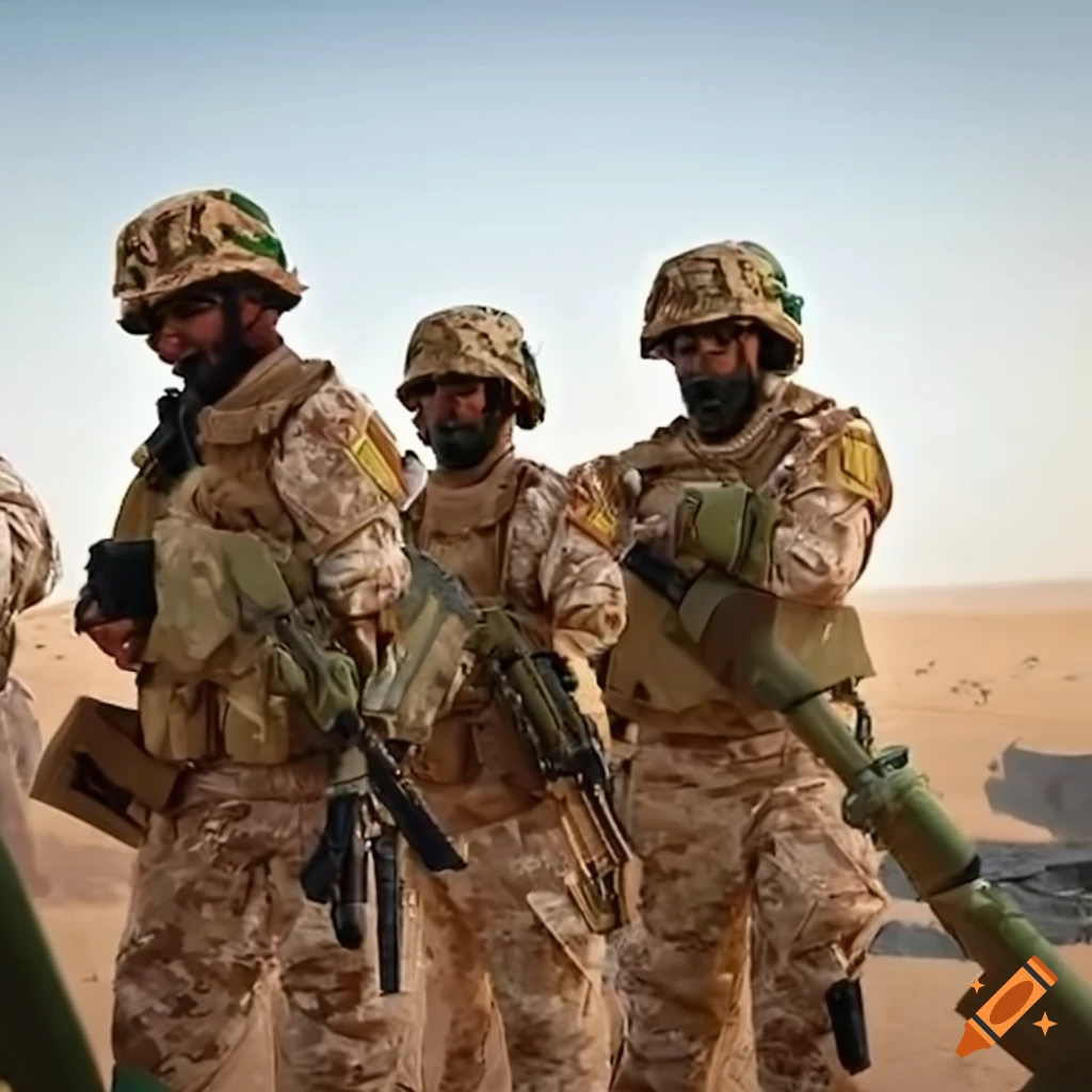 Saudi soldiers equipped with ammunition in action