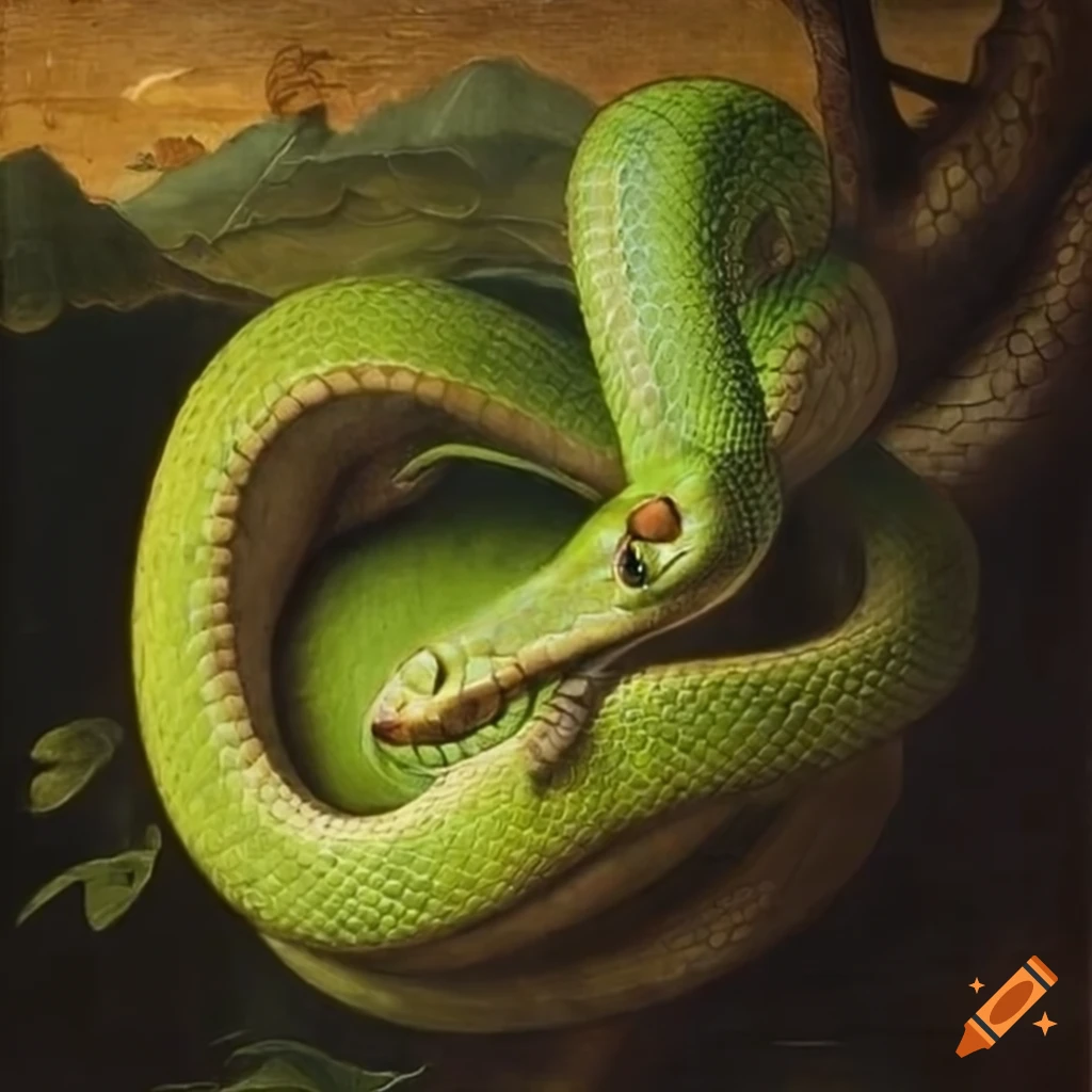 Landscape painting of a sinuous green tree python coiled around a ...