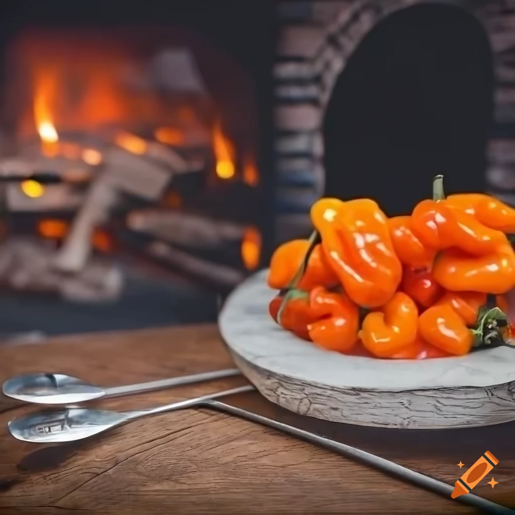Display of vibrant orange habanero peppers next to wood-fired oven and silver teaspoons