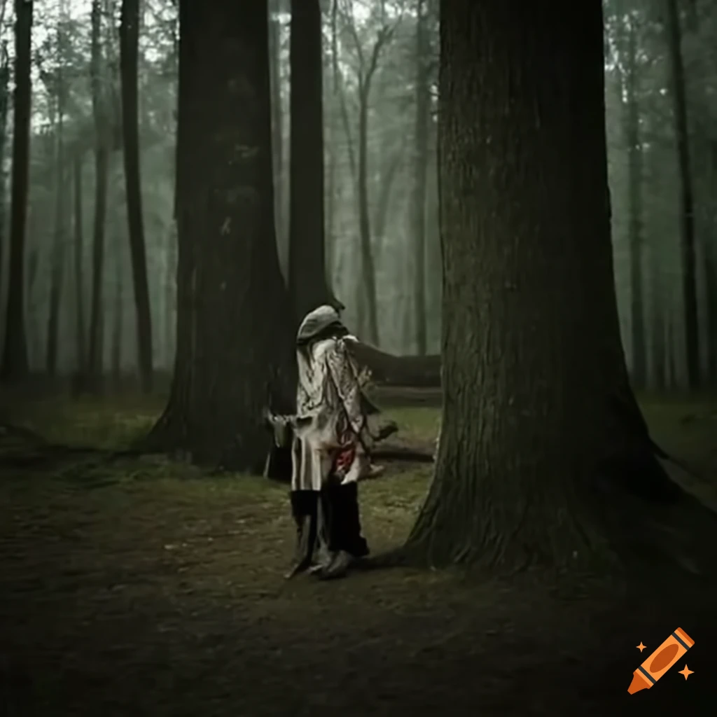 Prince tied to a tree in a dark forest awaiting rescue