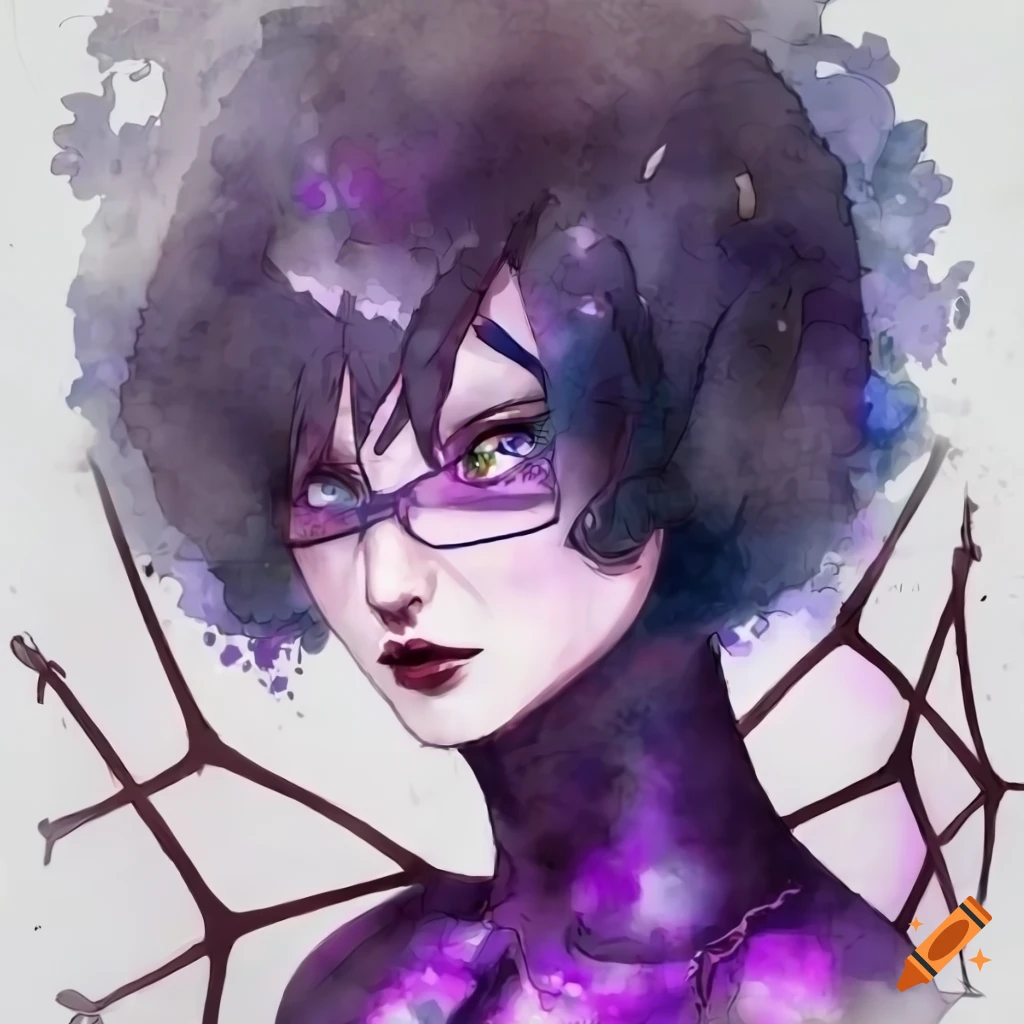 Anime style dark purple spider woman with short black hair, glasses, top hat, and spider appendages
