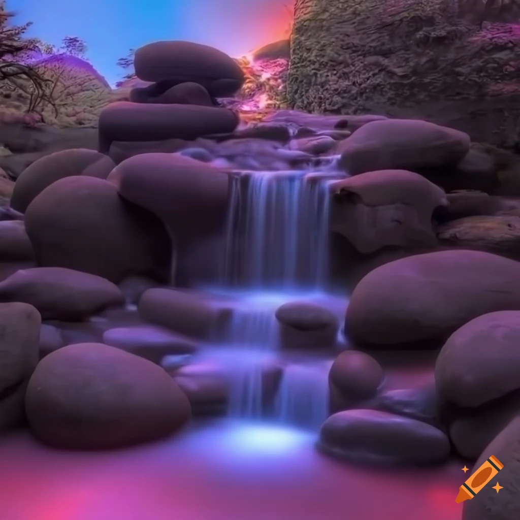 Zen garden waterfall at sunset in 8k HDR