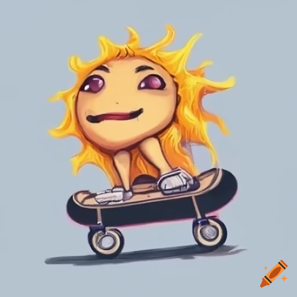 Cartoon sun character riding a onewheel