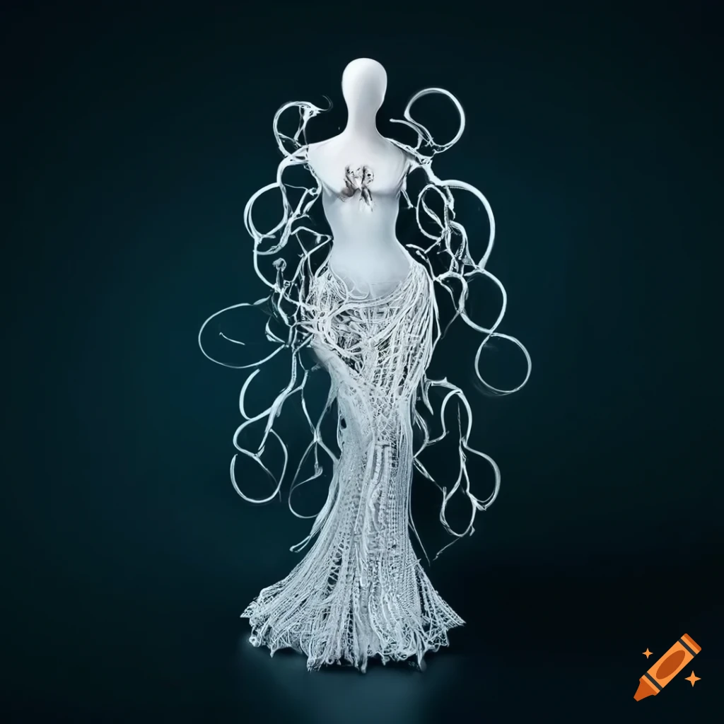 Intricately detailed mannequin made of intertwining white tendrils in a surreal setting