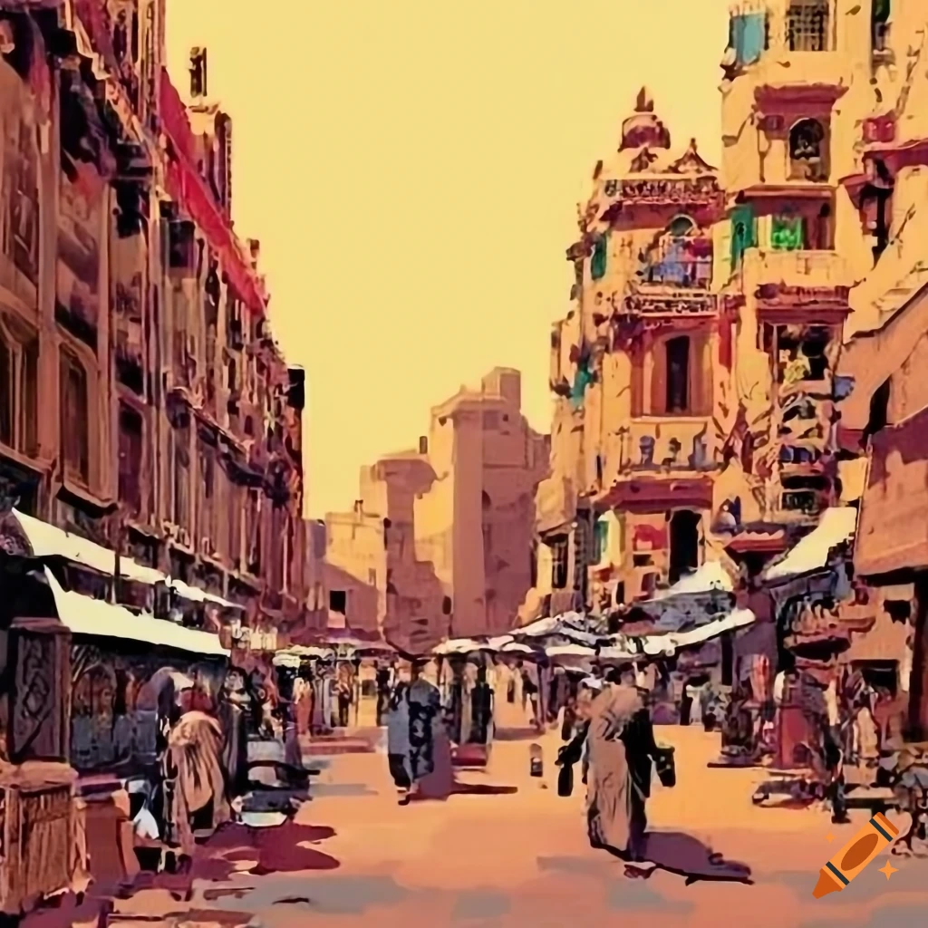 Pixel art of a crowded street view in vintage Cairo, Egypt