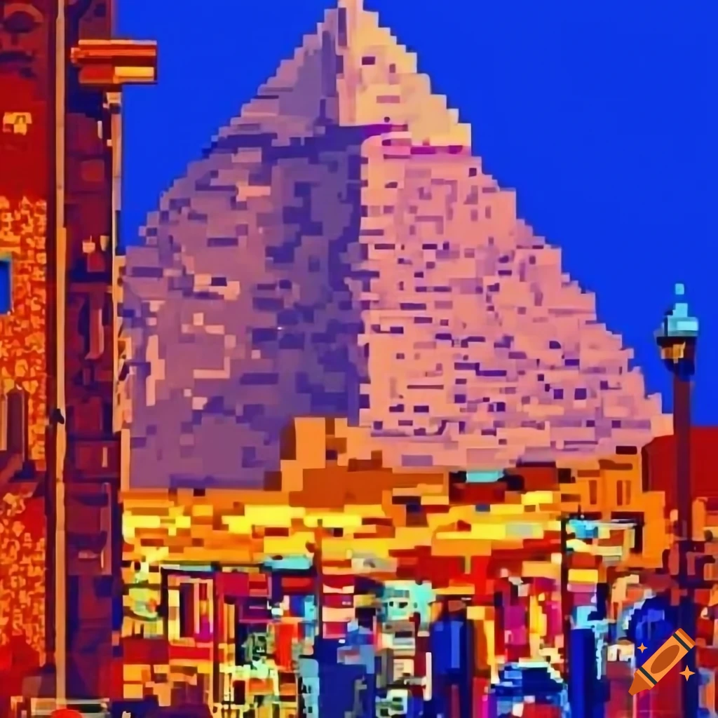 Vintage pixel art of a colorful crowded market street in Cairo, Egypt at night