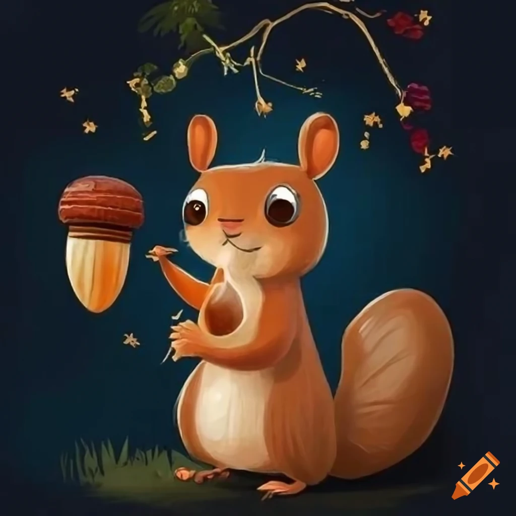 Children's book cover with a squirrel and a magic acorn