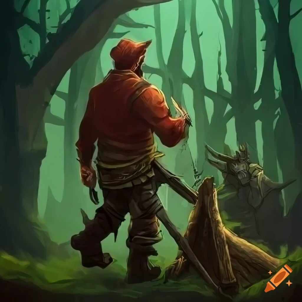 Shady lumberjack working in the fantasy woods
