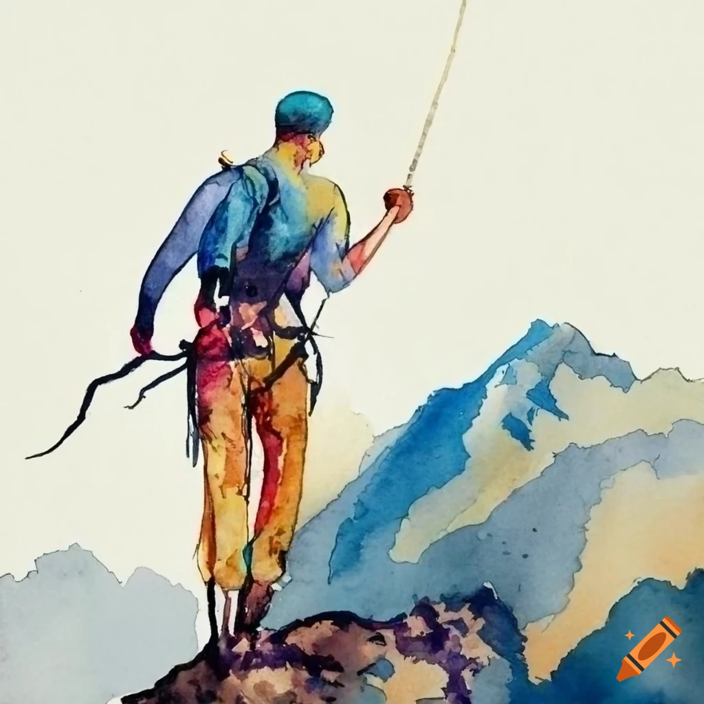 Handsome man climbing a high mountain in a graphic watercolor style