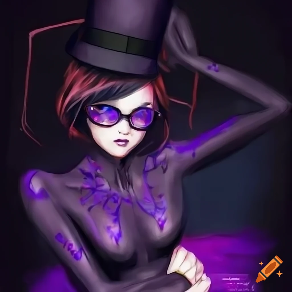 Anime style dark purple spider woman with short black hair, glasses, top hat, and spider appendages