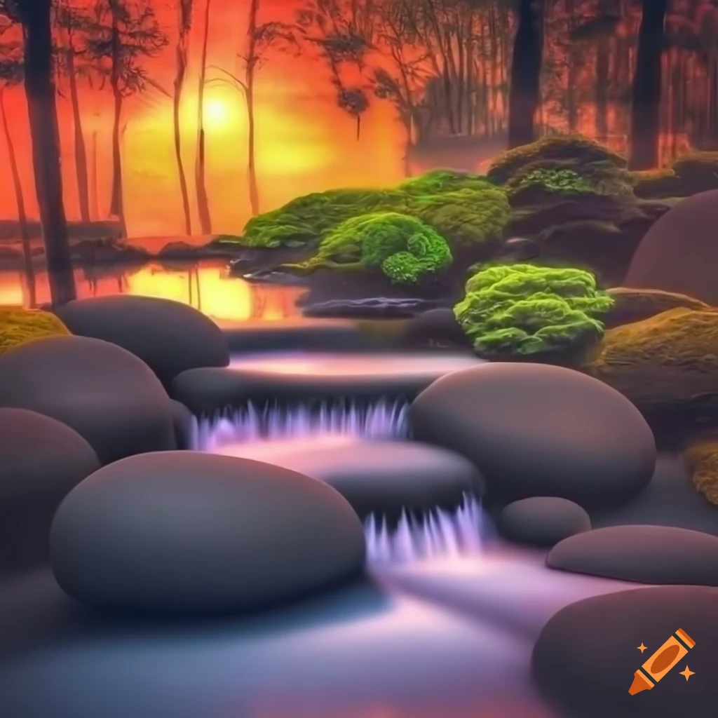 Japanese Zen garden with serene waterfall reflecting sunset colors