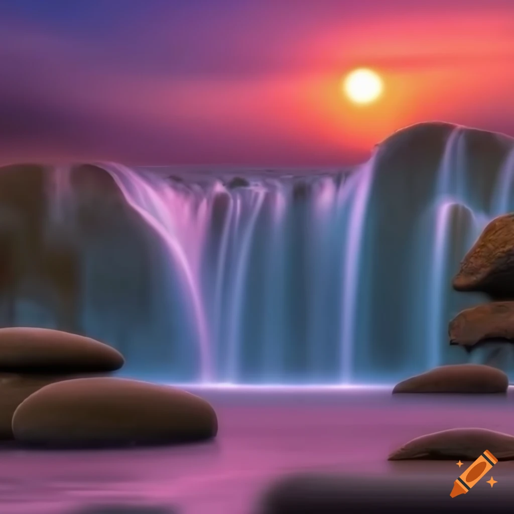 Zen garden waterfall at sunset in 8k HDR