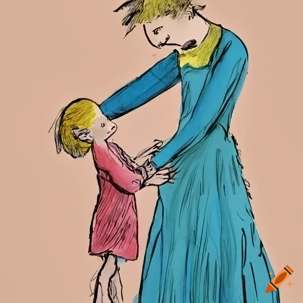 Mother helping child dress in Quentin Blake style illustration