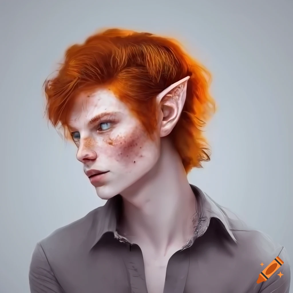 Portrait of a young man with freckles, wavy red hair, and striking blue ...